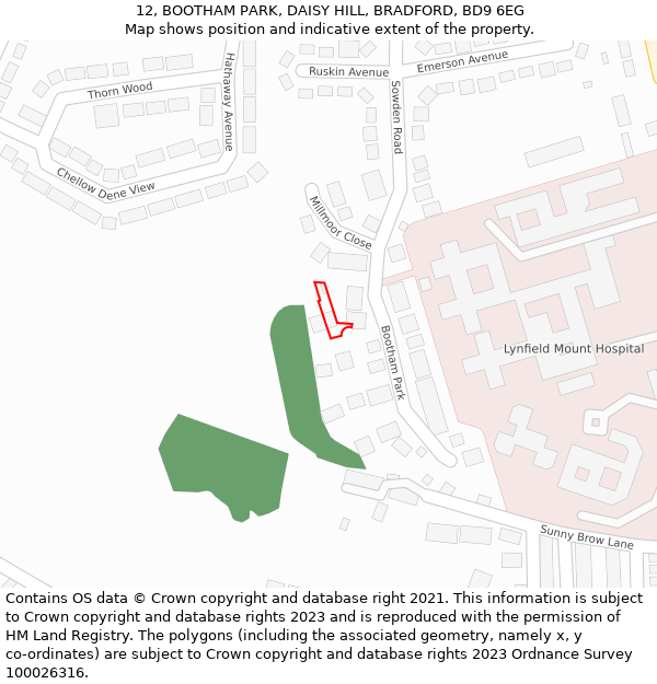 12, BOOTHAM PARK, DAISY HILL, BRADFORD, BD9 6EG: Location map and indicative extent of plot