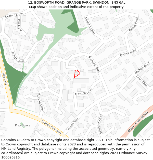 12, BOSWORTH ROAD, GRANGE PARK, SWINDON, SN5 6AL: Location map and indicative extent of plot