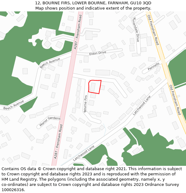 12, BOURNE FIRS, LOWER BOURNE, FARNHAM, GU10 3QD: Location map and indicative extent of plot