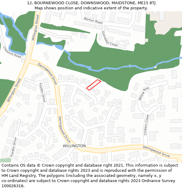 12, BOURNEWOOD CLOSE, DOWNSWOOD, MAIDSTONE, ME15 8TJ: Location map and indicative extent of plot