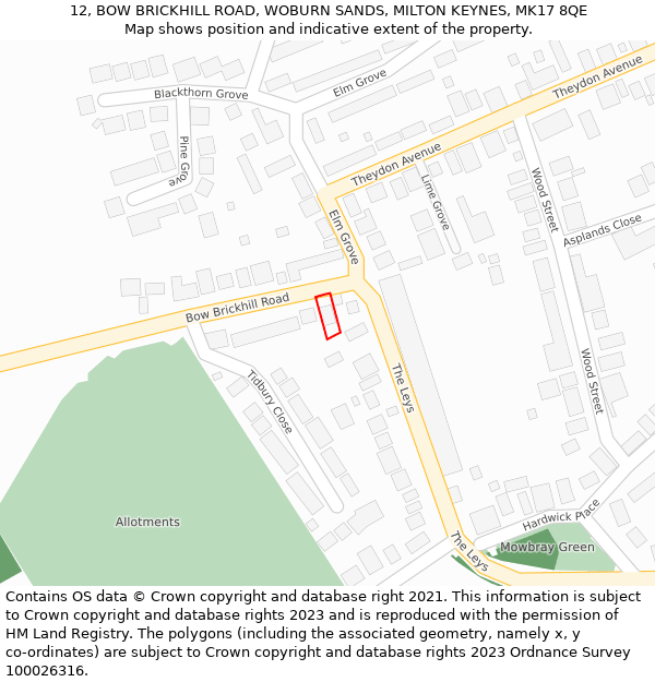 12, BOW BRICKHILL ROAD, WOBURN SANDS, MILTON KEYNES, MK17 8QE: Location map and indicative extent of plot