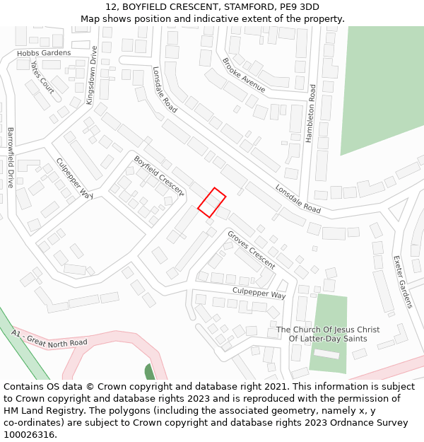 12, BOYFIELD CRESCENT, STAMFORD, PE9 3DD: Location map and indicative extent of plot