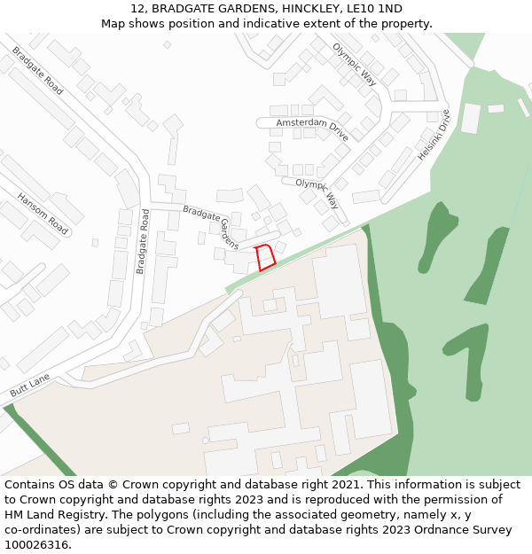 12, BRADGATE GARDENS, HINCKLEY, LE10 1ND: Location map and indicative extent of plot