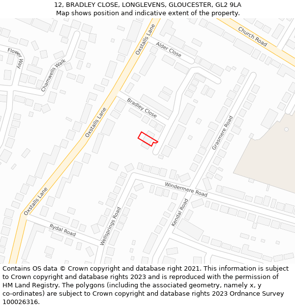 12, BRADLEY CLOSE, LONGLEVENS, GLOUCESTER, GL2 9LA: Location map and indicative extent of plot