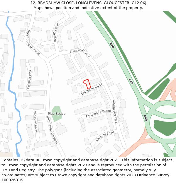 12, BRADSHAW CLOSE, LONGLEVENS, GLOUCESTER, GL2 0XJ: Location map and indicative extent of plot