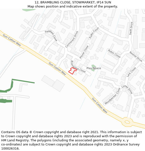 12, BRAMBLING CLOSE, STOWMARKET, IP14 5UN: Location map and indicative extent of plot