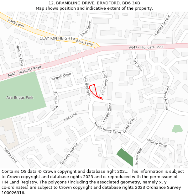 12, BRAMBLING DRIVE, BRADFORD, BD6 3XB: Location map and indicative extent of plot