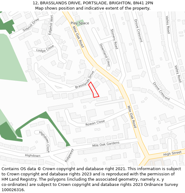 12, BRASSLANDS DRIVE, PORTSLADE, BRIGHTON, BN41 2PN: Location map and indicative extent of plot