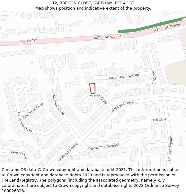 12, BRECON CLOSE, FAREHAM, PO14 1ST: Location map and indicative extent of plot