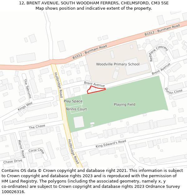 12, BRENT AVENUE, SOUTH WOODHAM FERRERS, CHELMSFORD, CM3 5SE: Location map and indicative extent of plot