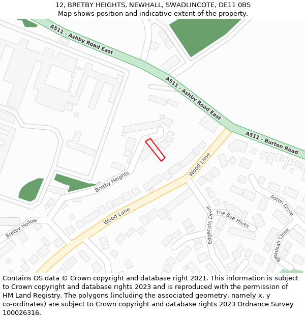 12, BRETBY HEIGHTS, NEWHALL, SWADLINCOTE, DE11 0BS: Location map and indicative extent of plot