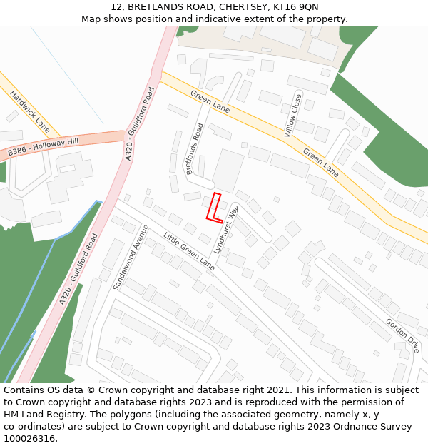12, BRETLANDS ROAD, CHERTSEY, KT16 9QN: Location map and indicative extent of plot