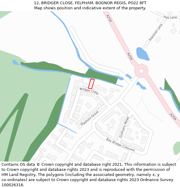 12, BRIDGER CLOSE, FELPHAM, BOGNOR REGIS, PO22 8FT: Location map and indicative extent of plot