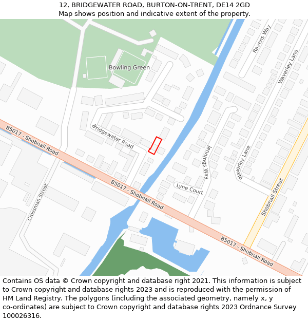12, BRIDGEWATER ROAD, BURTON-ON-TRENT, DE14 2GD: Location map and indicative extent of plot