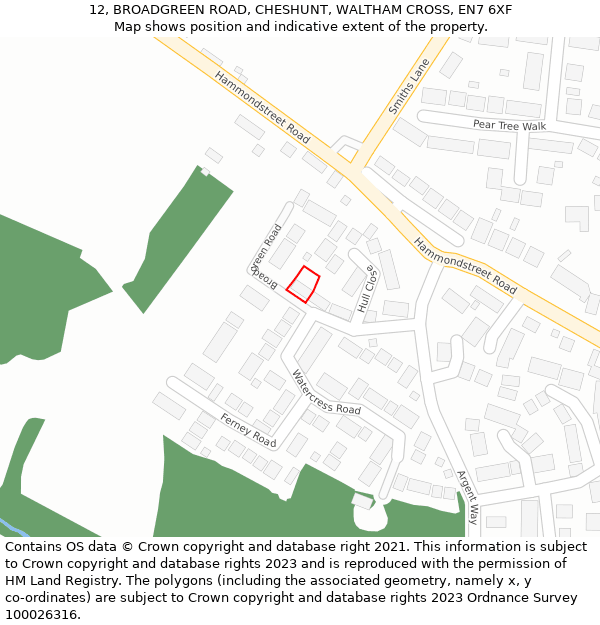 12, BROADGREEN ROAD, CHESHUNT, WALTHAM CROSS, EN7 6XF: Location map and indicative extent of plot