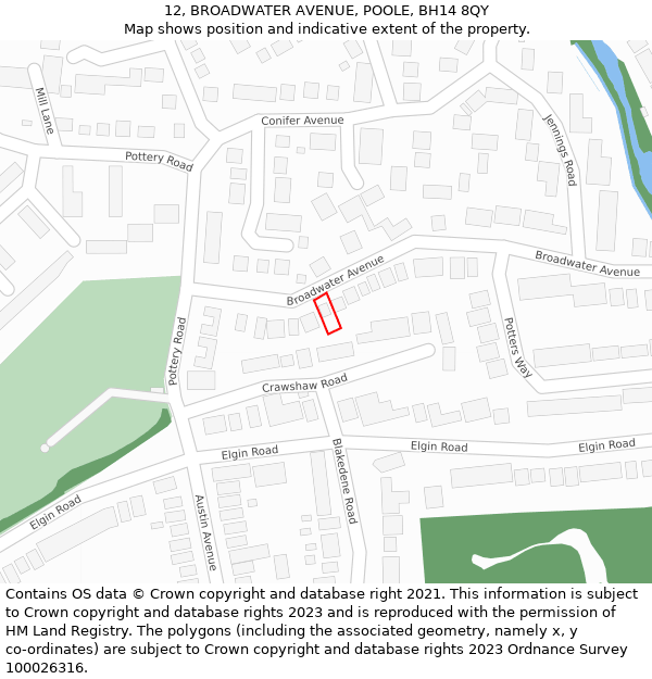 12, BROADWATER AVENUE, POOLE, BH14 8QY: Location map and indicative extent of plot