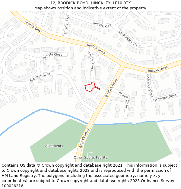 12, BRODICK ROAD, HINCKLEY, LE10 0TX: Location map and indicative extent of plot