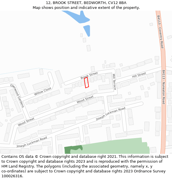 12, BROOK STREET, BEDWORTH, CV12 8BA: Location map and indicative extent of plot