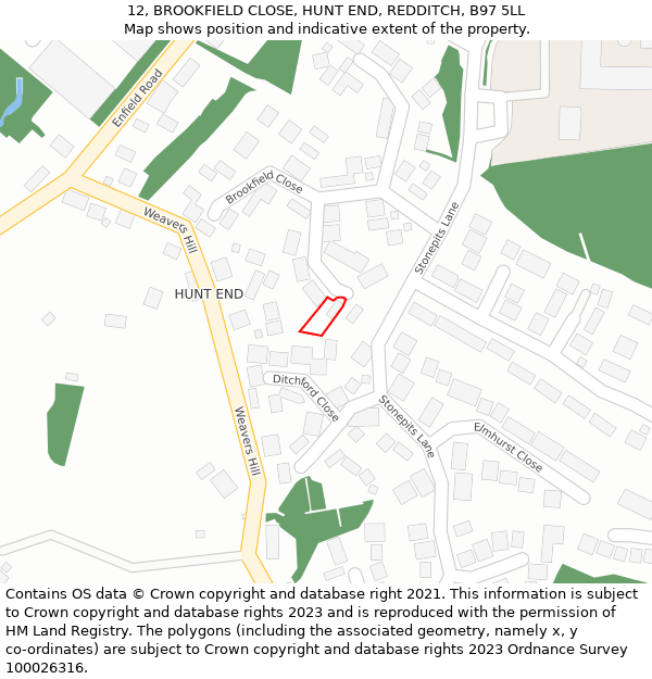 12, BROOKFIELD CLOSE, HUNT END, REDDITCH, B97 5LL: Location map and indicative extent of plot