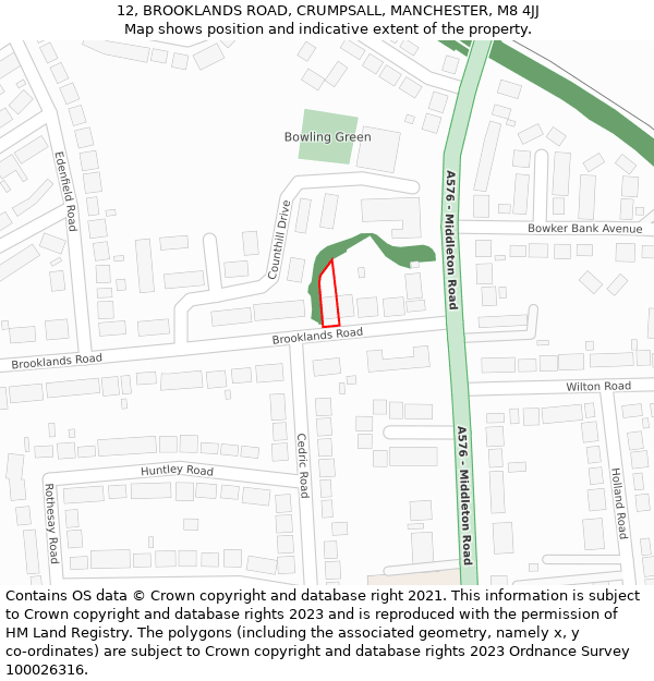 12, BROOKLANDS ROAD, CRUMPSALL, MANCHESTER, M8 4JJ: Location map and indicative extent of plot