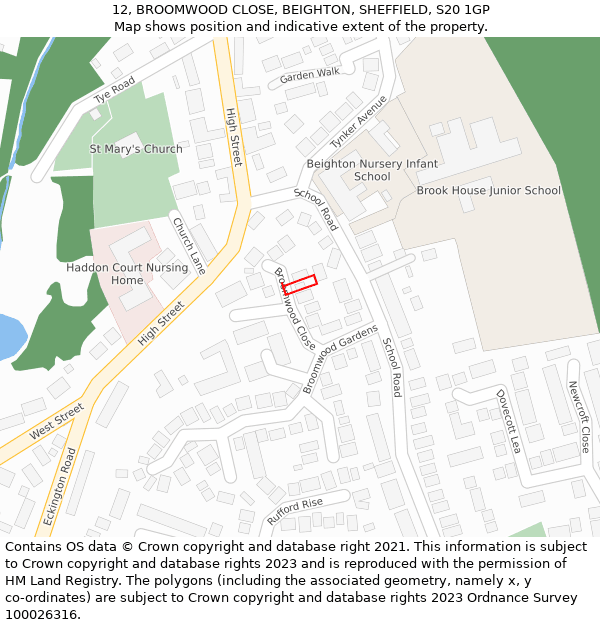 12, BROOMWOOD CLOSE, BEIGHTON, SHEFFIELD, S20 1GP: Location map and indicative extent of plot