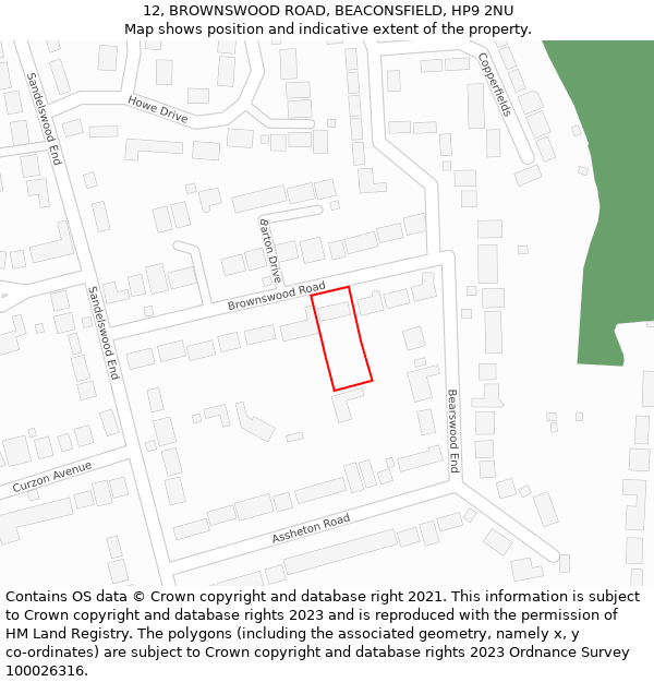 12, BROWNSWOOD ROAD, BEACONSFIELD, HP9 2NU: Location map and indicative extent of plot