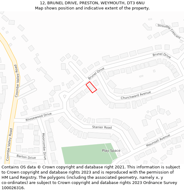 12, BRUNEL DRIVE, PRESTON, WEYMOUTH, DT3 6NU: Location map and indicative extent of plot