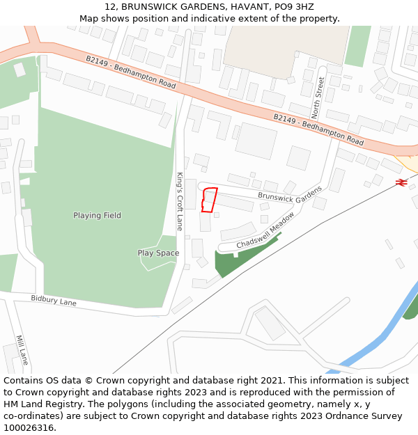 12, BRUNSWICK GARDENS, HAVANT, PO9 3HZ: Location map and indicative extent of plot