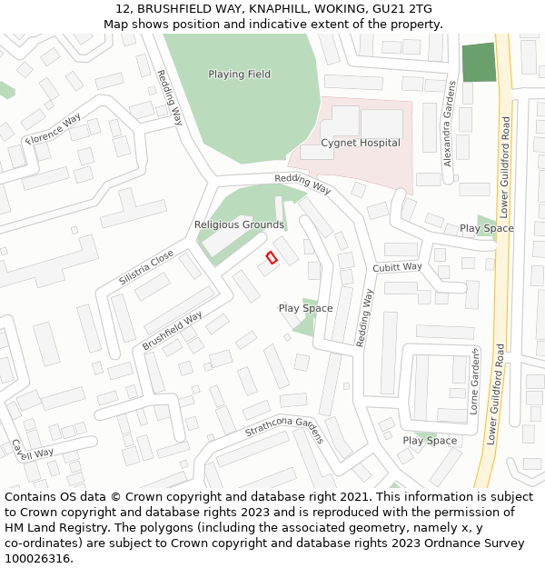 12, BRUSHFIELD WAY, KNAPHILL, WOKING, GU21 2TG: Location map and indicative extent of plot