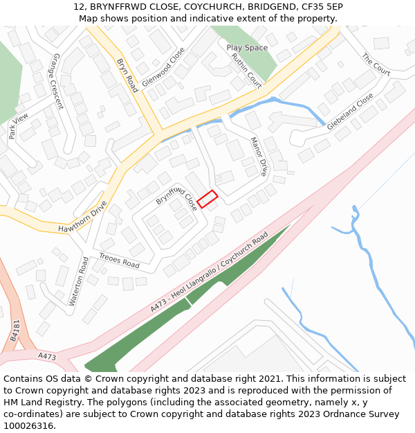 12, BRYNFFRWD CLOSE, COYCHURCH, BRIDGEND, CF35 5EP: Location map and indicative extent of plot