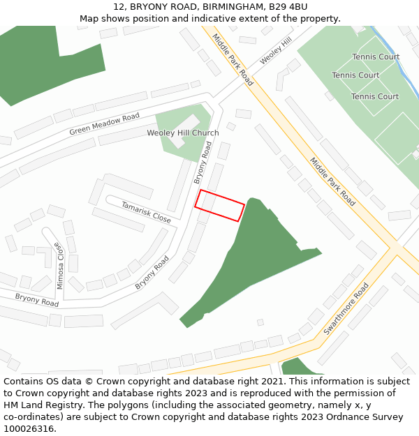 12, BRYONY ROAD, BIRMINGHAM, B29 4BU: Location map and indicative extent of plot