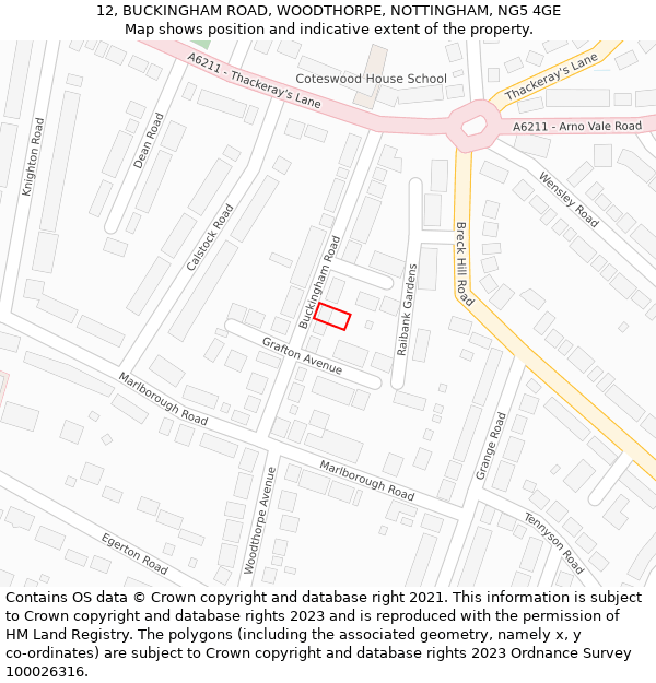 12, BUCKINGHAM ROAD, WOODTHORPE, NOTTINGHAM, NG5 4GE: Location map and indicative extent of plot