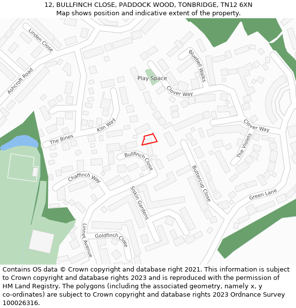 12, BULLFINCH CLOSE, PADDOCK WOOD, TONBRIDGE, TN12 6XN: Location map and indicative extent of plot