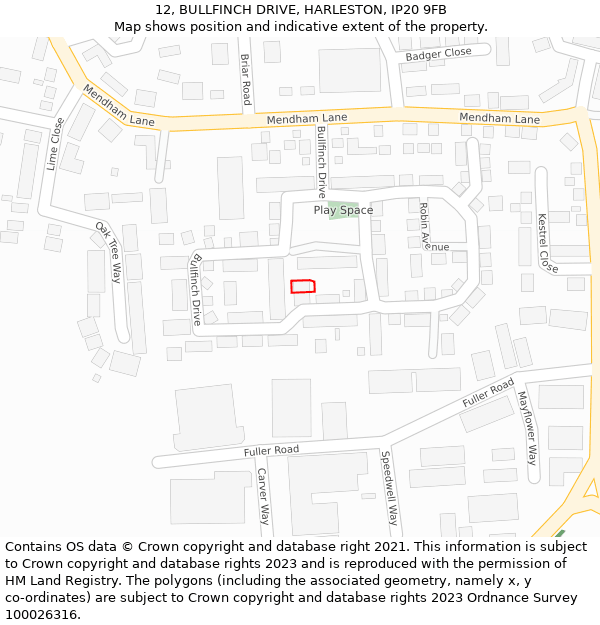 12, BULLFINCH DRIVE, HARLESTON, IP20 9FB: Location map and indicative extent of plot