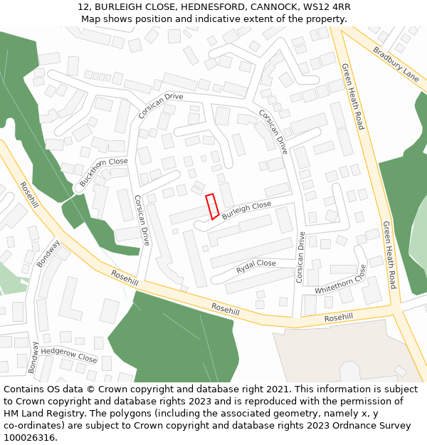 12, BURLEIGH CLOSE, HEDNESFORD, CANNOCK, WS12 4RR: Location map and indicative extent of plot