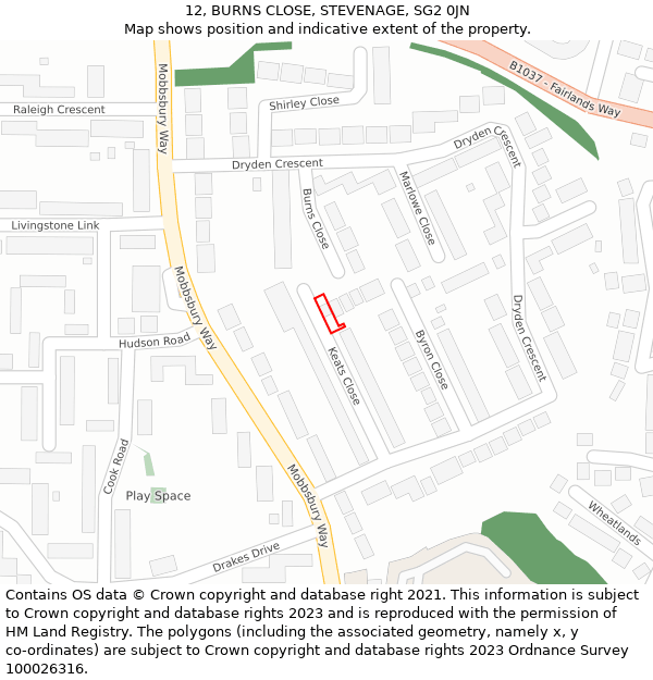 12, BURNS CLOSE, STEVENAGE, SG2 0JN: Location map and indicative extent of plot