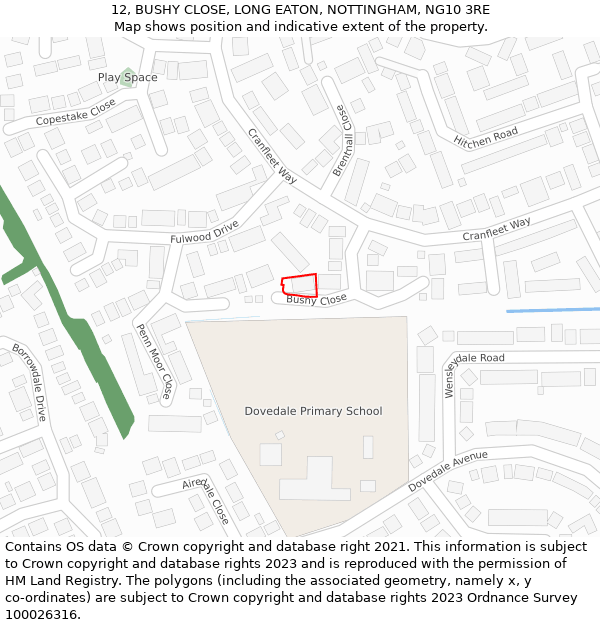 12, BUSHY CLOSE, LONG EATON, NOTTINGHAM, NG10 3RE: Location map and indicative extent of plot