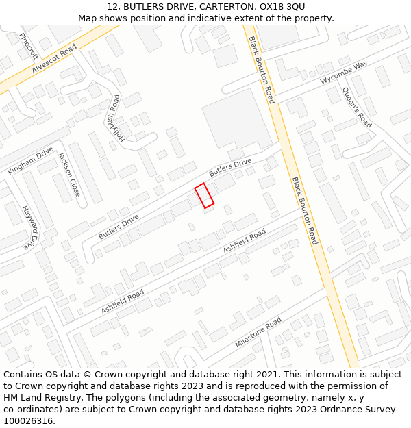 12, BUTLERS DRIVE, CARTERTON, OX18 3QU: Location map and indicative extent of plot