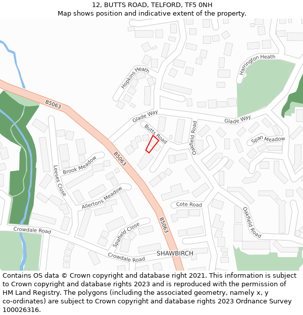 12, BUTTS ROAD, TELFORD, TF5 0NH: Location map and indicative extent of plot