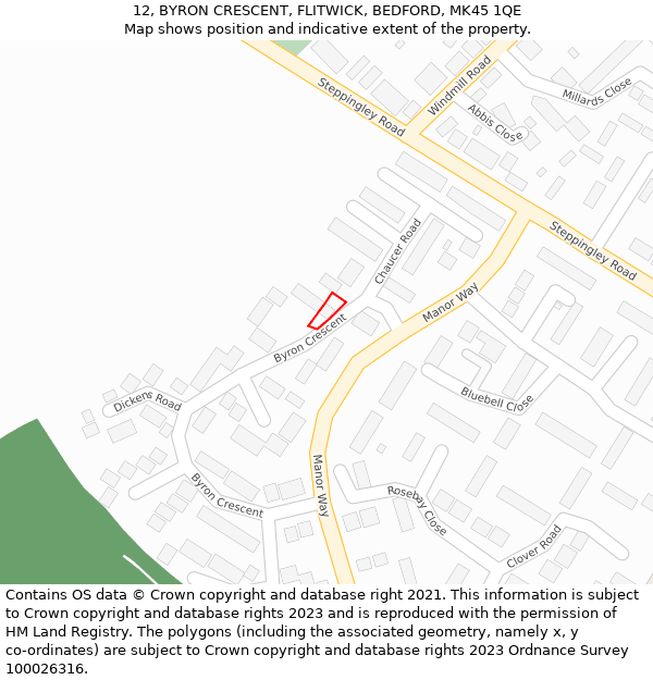 12, BYRON CRESCENT, FLITWICK, BEDFORD, MK45 1QE: Location map and indicative extent of plot