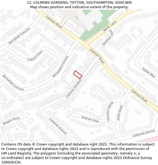 12, CALMORE GARDENS, TOTTON, SOUTHAMPTON, SO40 8ER: Location map and indicative extent of plot