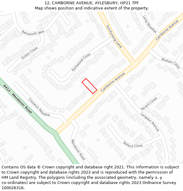 12, CAMBORNE AVENUE, AYLESBURY, HP21 7PF: Location map and indicative extent of plot