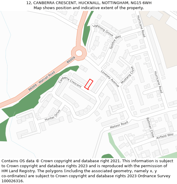 12, CANBERRA CRESCENT, HUCKNALL, NOTTINGHAM, NG15 6WH: Location map and indicative extent of plot