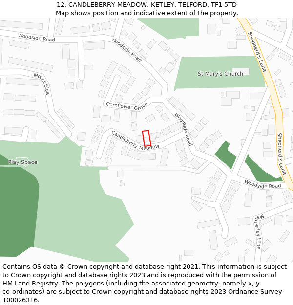 12, CANDLEBERRY MEADOW, KETLEY, TELFORD, TF1 5TD: Location map and indicative extent of plot