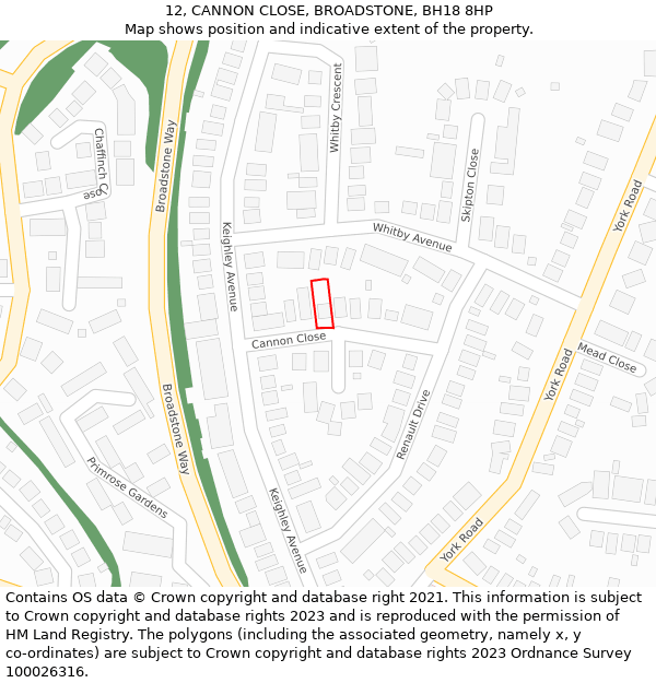 12, CANNON CLOSE, BROADSTONE, BH18 8HP: Location map and indicative extent of plot