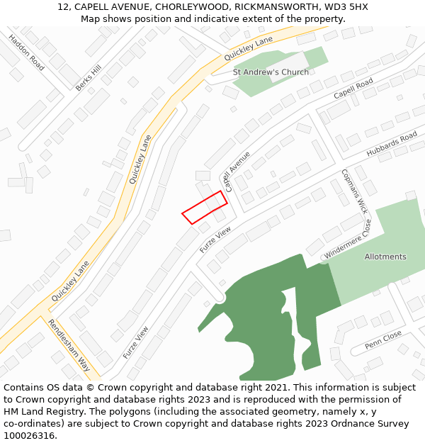 12, CAPELL AVENUE, CHORLEYWOOD, RICKMANSWORTH, WD3 5HX: Location map and indicative extent of plot