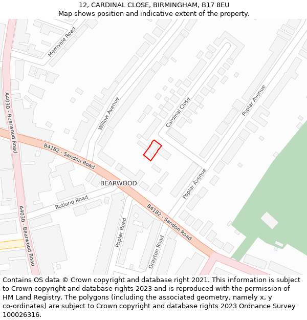 12, CARDINAL CLOSE, BIRMINGHAM, B17 8EU: Location map and indicative extent of plot