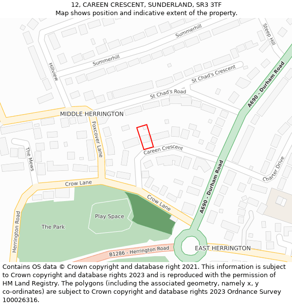 12, CAREEN CRESCENT, SUNDERLAND, SR3 3TF: Location map and indicative extent of plot