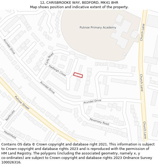 12, CARISBROOKE WAY, BEDFORD, MK41 8HR: Location map and indicative extent of plot