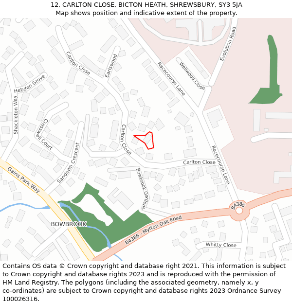 12, CARLTON CLOSE, BICTON HEATH, SHREWSBURY, SY3 5JA: Location map and indicative extent of plot